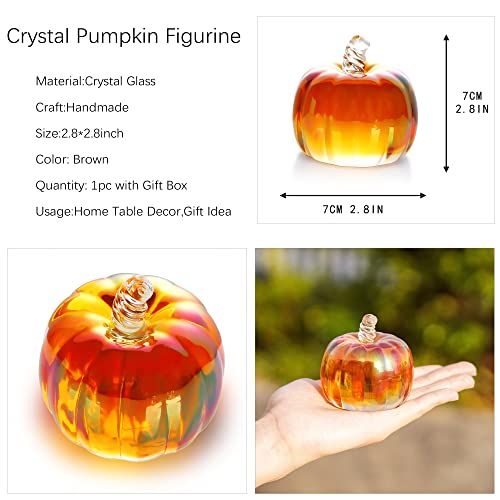 Hand Blown Crystal Pumpkin Figurine for Fall Harvest Decor - Brown Striped, 7.1cm