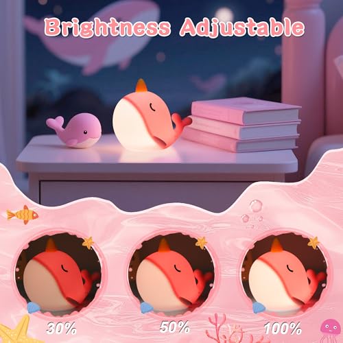 Pink Narwhal Night Light for Kids, Silicone Bedside Lamp with Dimmable & 30-Min Timer