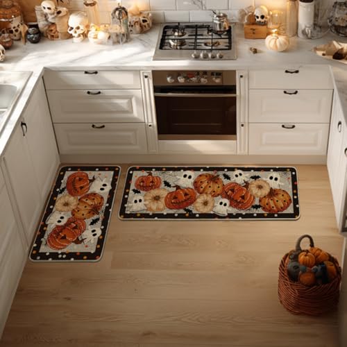 Halloween Kitchen Mats Set of 2 - Black Ghost Design, 17x29 & 17x47 Inches