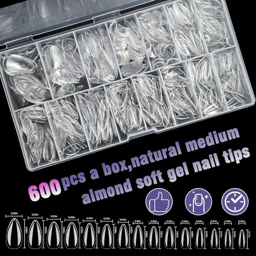 SWRITATSK Press On Nails Thicker Medium Almond Nail Tips,600pcs Gel Flase Nails Tips Acrylic Tip, 15 Sizes 00-13 Fake Tips,Nails Tips, Soft Acrylic Press On Nail Valentines Gifts for Women