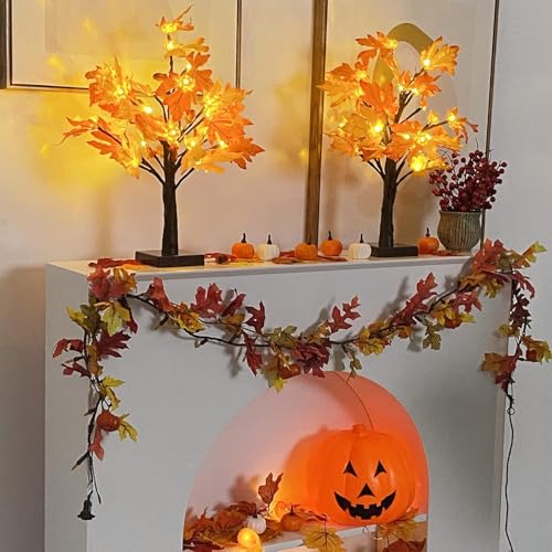 Artificial Fall Maple Tree with LED Lights - Harvest Autumn Decor for Indoor Table Fireplace
