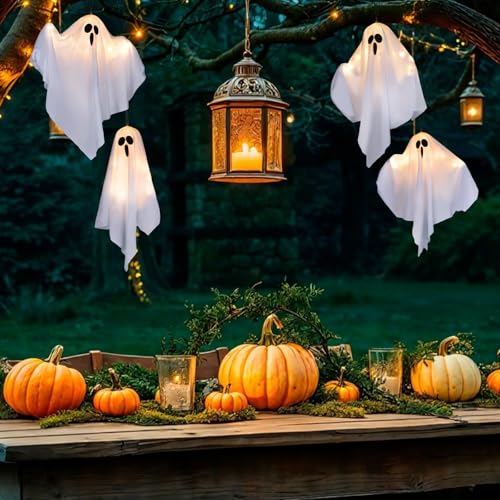 Halloween Ghost Light Decorations Set - 4 Hanging Floating Ghosts with Warm White LED for Indoor Outdoor Use - Variation 4