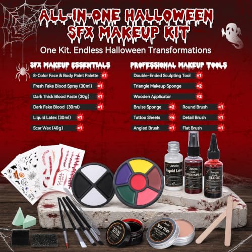 Halloween SFX Makeup Kit with Fake Blood & Tools - Washable Special Effects (Variation: SFX03)