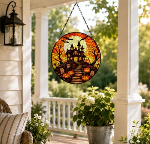 Haunted House Pumpkin Halloween Stained Glass Suncatcher - Color10