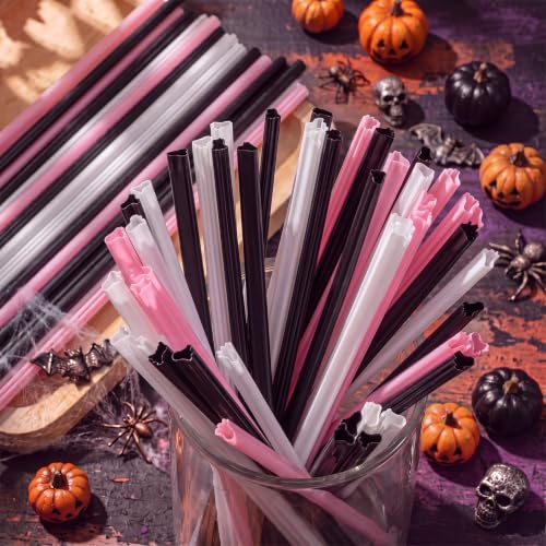 Halloween Ghost-Shaped Plastic Drinking Straws - 150pcs, Black White Pink, Party Supplies