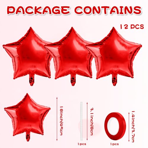Red Star Balloons Foil Mylar Balloon Set - 12pcs 18 Inch Helium Decorations with Variation