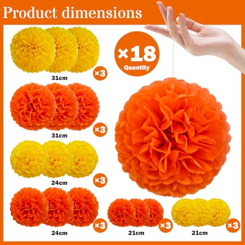 Yellow and Orange Party Pom Poms - 18 Pcs Tissue Paper Decorations