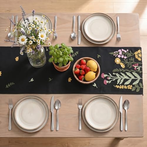 Black Floral Embroidered Table Runner - 13x72 Inch Seasonal Kitchen Decor