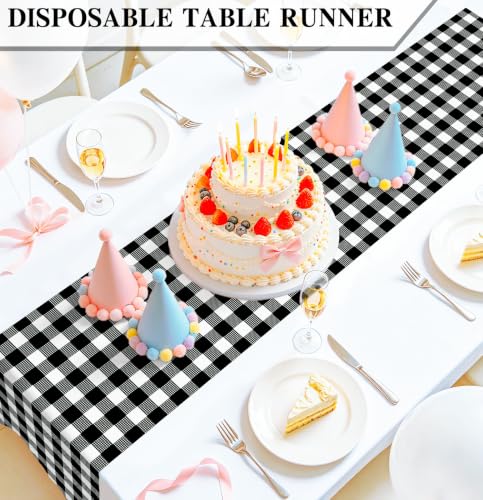 Black Gingham Disposable Table Runner Set of 6 - 14 x 108 Inch Party Decor