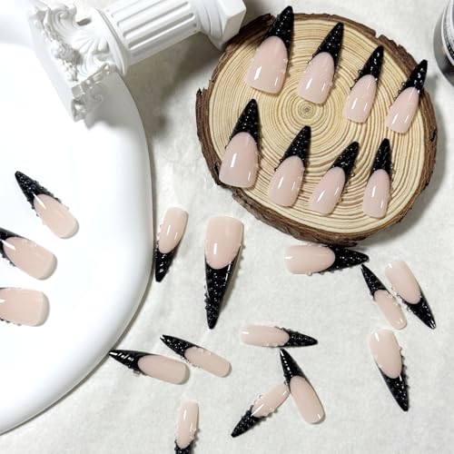 IMSOHOT Long Stiletto Press On Nails Black French Tips with 3D Designs - Variation 75-C42Black