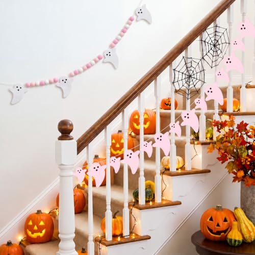 Pink Ghost Felt Garland - 3 Pack 6ft Halloween Decor with Adjustable Spacing