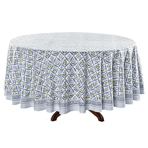 Ridhi Hand Block Print Cotton Round Tablecloth 90 Inch - Light Steel Blue
