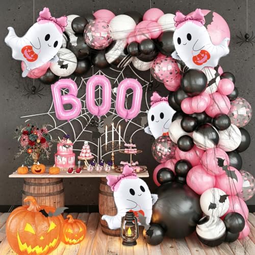 Pastel Pink Ghost Balloons Set with Bows & Pumpkins - Halloween Party Decor