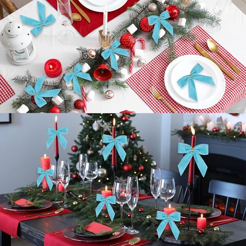 Blue Christmas Bow Set - Velvet Ribbon Wreath Ornaments & Holiday Decorations