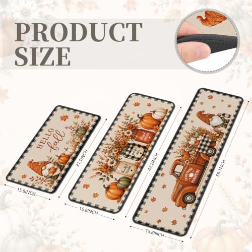 Fall Kitchen Rugs Set of 3 with Gnome Truck and Buffalo Plaid - Farmhouse Decor