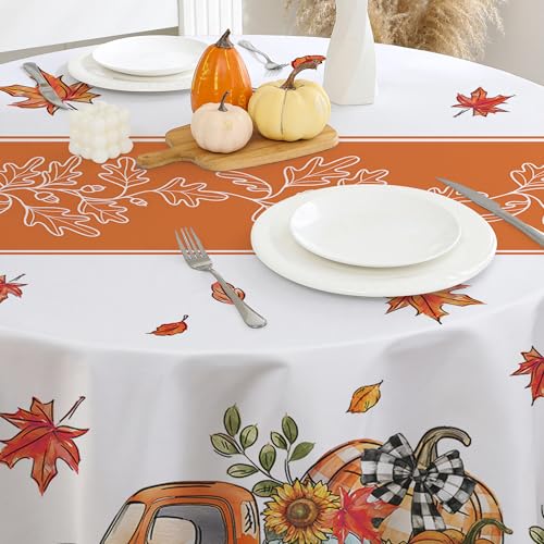 Fall Round Tablecloth 60 Inches - Orange Truck Fall Decorations, Fade-Resistant