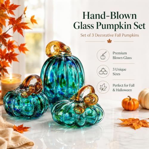 Green Blown Glass Pumpkins Figurines - Fall Thanksgiving Halloween Decor - Set of 3