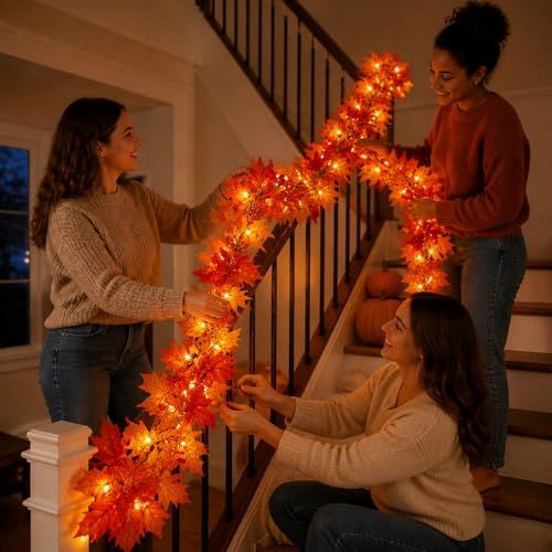 9FT Plug-in Fall Garland with 50 Orange Incandescent Lights - Connectable Indoor Outdoor Decor - 1 Pack
