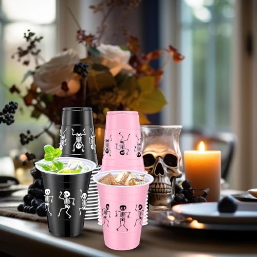 Halloween Skeleton Skull Plastic Cups 16 oz Black Pink Pack of 30 - Skeleton Design