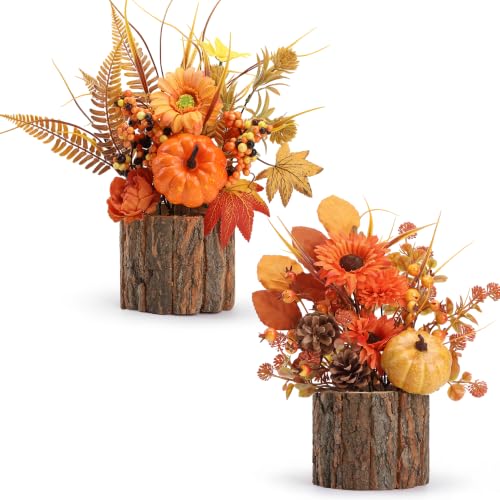 Artificial Fall Table Centerpieces with Rustic Wood Vases - 2 Pack for Thanksgiving & Autumn Decor