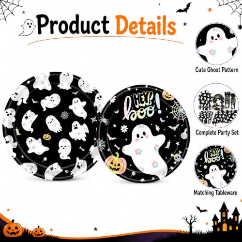 Halloween Ghost Paper Plate & Napkin Set - Black Ghost Variation, 168 Pieces for 24 Guests