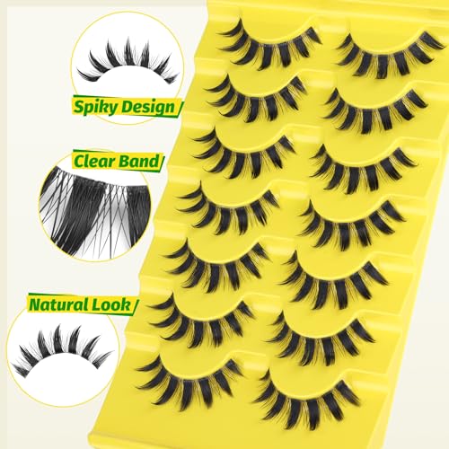 Manga False Eyelashes - Natural Spiky 3D Cat Eye Lashes for Cosplay & Anime Style - 7 Pairs - Clear Band