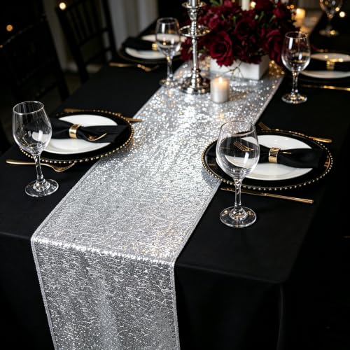 Sequin Tassel Table Runner 12x108 Inch Silver for Christmas and Events - ShinyBeauty
