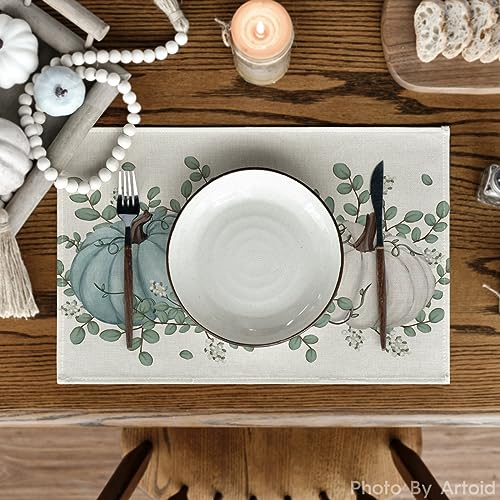 Autumn Fall Placemats Set of 6 12x18 Inches Rectangular Eucalyptus & Pumpkin Decor