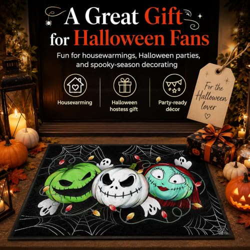 Pycat Halloween Doormat 24x35in Spooky Pumpkin Faces Ghost Lights - Indoor & Outdoor