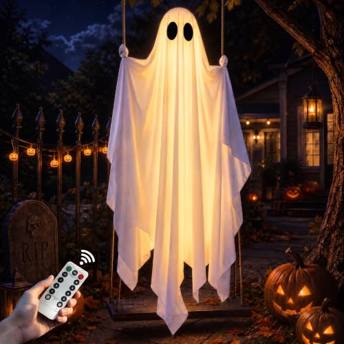 Large Hanging Ghost Halloween Decoration with LED Lights, Adjustable 7-12 FT