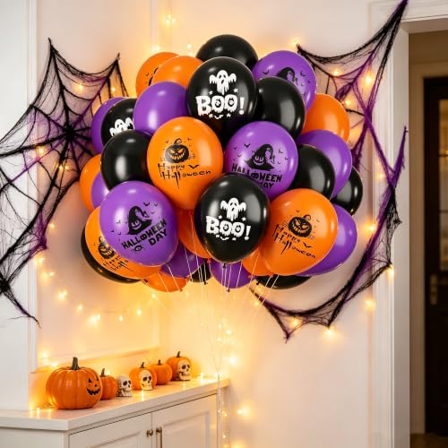 Halloween Balloons Set - Orange Black & Purple | 50 Pack Latex Party Decorations