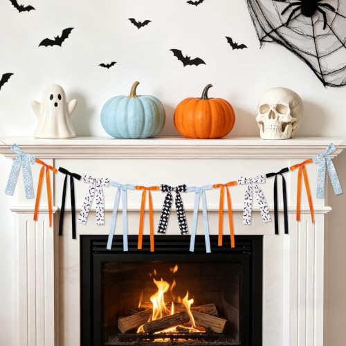 Halloween Bow Garland Banner - Orange Blue Ghost Bat Decor, 13 Bows, 6.88 ft
