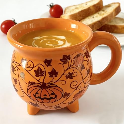 Ceramic Cauldron Mug 12 oz - Witchy Pumpkin Orange Coffee Tea Cup, Magical Gift