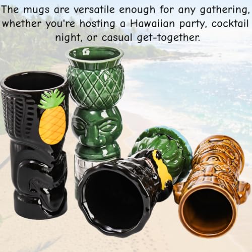 Ceramic Tiki Mug Set - Large Hawaiian Zombie Cocktail Tumblers - 4 Pack