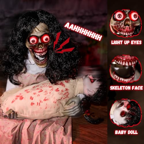 Animatronics Sitting Skeleton & Doll Halloween Decor - Sound & Light Up Eyes