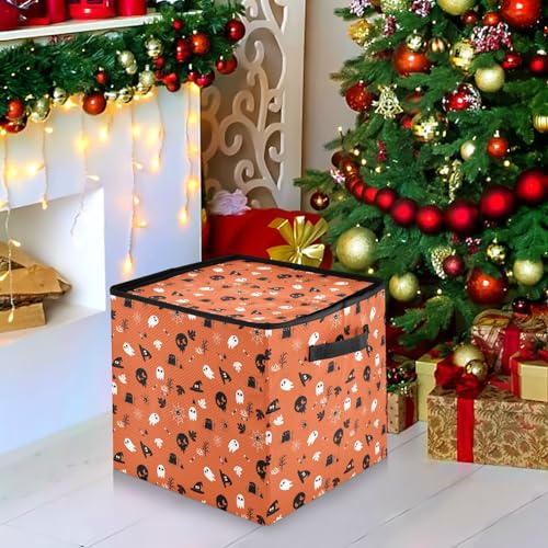 Halloween Ghost Pumpkin Ornament Storage Box with Zipper & Adjustable Dividers - Large 13x13 Inch Holiday Container