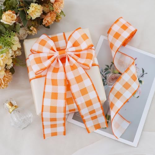 Orange Plaid Burlap Wired Ribbon - 2.5 Inch, 6 Yards, Spring & Easter Decoration