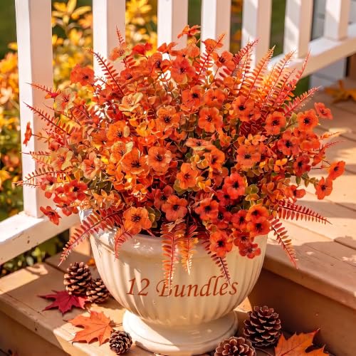 Artificial Fall Flowers for Outdoors - 12 Bundles Faux Mums, Orange Variation