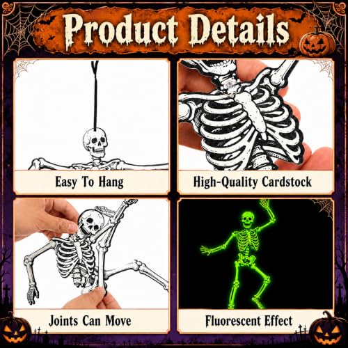 Halloween Skeleton Decor Set - 12 Jointed Luminous Paper Skeleton Cutouts