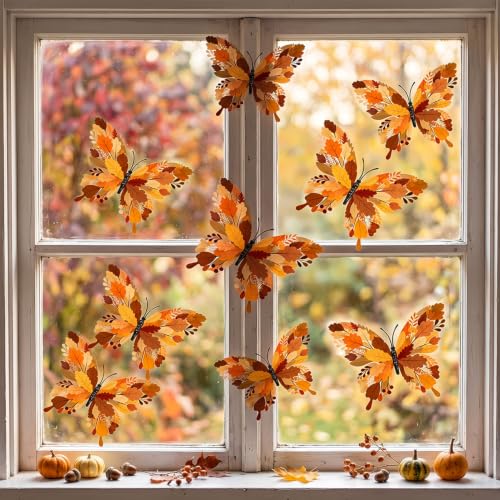 Fall 3D Butterfly Wall Stickers - 12 Pack Autumn Maple Leaf Decor for Halloween Thanksgiving