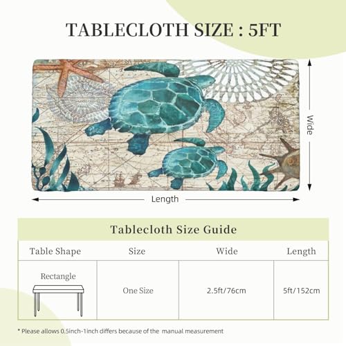Sea Turtle Tablecloth for 5ft Rectangle Table - Waterproof Washable Kitchen Decor, 60 x 30 Inches - Ocean Hawaii Theme