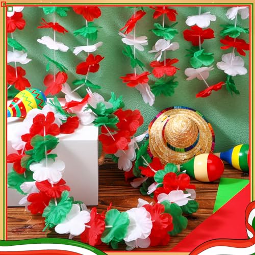 72 Pcs Holiday Hawaiian Flower Leis Bulk Tropical Necklace Decorations - Red White Green