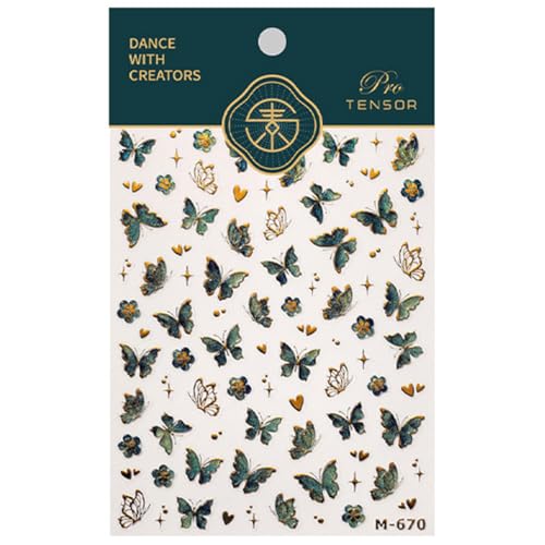 Butterfly Nail Stickers-4 Self-Adhesive 3D Embossed Green Gold Butterfly Designs