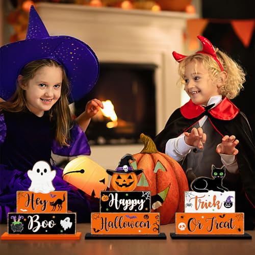 Halloween Wooden Table Signs Set - Ghost Pumpkin Bat Black Cat Decor - 3 Pieces