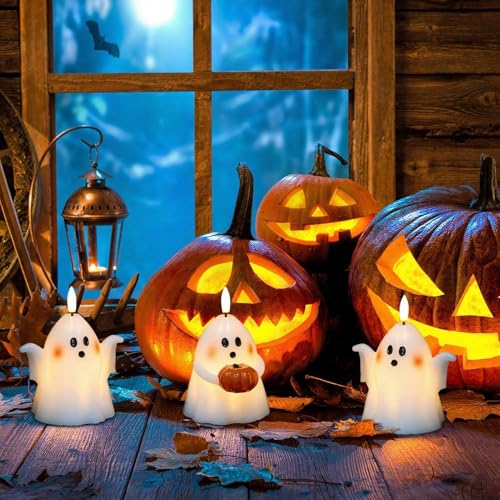 White Halloween Ghost Flameless Candles with 6H Timer - Spooky Ghost Decor