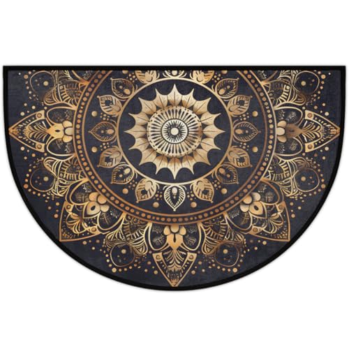 Half Moon Door Mat Mandala Boho Bohemian Black Non Slip Washable 36x24in - A3