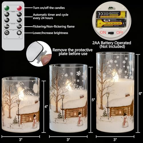 Snowman Flameless Candles with Remote & Timer - Battery Operated Christmas Holiday Decor - White LED Flickering Pillar Candles - 4 to 6 Inches - Snowman Remote Variation