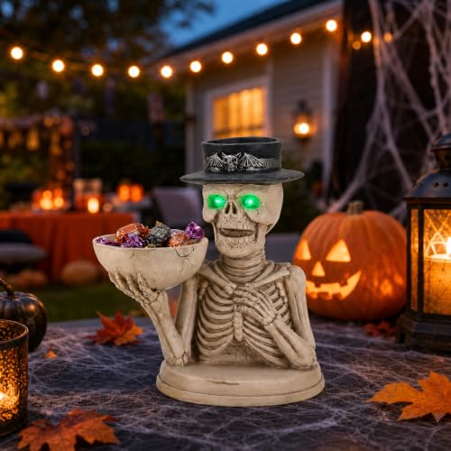 Ivory Skeleton Candy Bowl and Candle Holder with Glowing Eyes - Halloween Decor