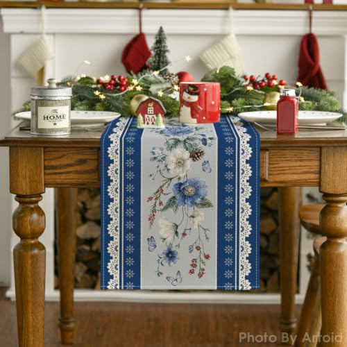 Artoid Mode Printed Lace Floral Table Runner 13x72 Inches Beige Blue Variation