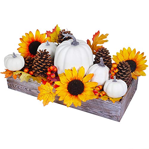 Artificial Fall Pumpkin Centerpiece Set with Maple Leaves and Wooden Box